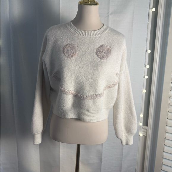 Storia Sweaters - Storia White Crew Neck Sweater with Fuzzy Accents